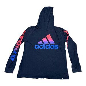 Adidas Youth XL Hoodie Black With Blue Pink Logo Graphic Long Sleeve Cotton READ